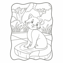 cartoon illustration cat posing cool on a log in the yard book or page for kids black and white