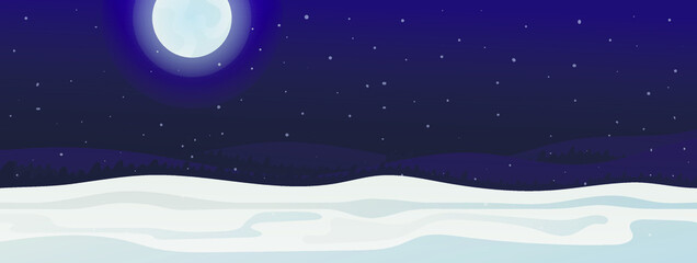 Vector winter night landscape with snowfall. Hills with snowdrifts, starry sky and moon.