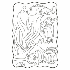 cartoon illustration fish and crabs swimming in the sea around coral reefs book or page for kids black and white