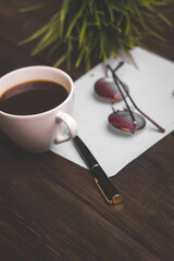 wooden table coffee cup notepad accessories business
