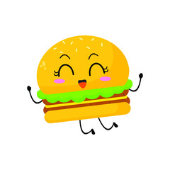 Vector illustration of burger character with funny expression. cartoon monster isolated on white background, simple minimal style, for mascot or emoticon collection. happy jump