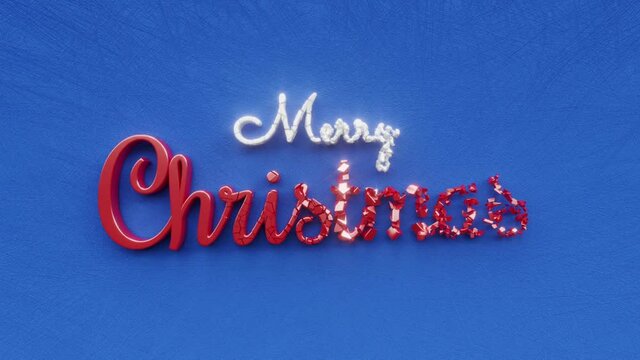 Merry Christmas text inscription, winter season holiday concept, glitter sparkle xmas decorative animated lettering, 3d render of festive greeting card motion background