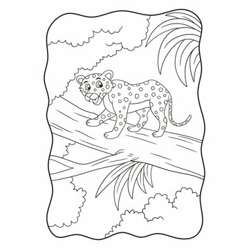 cartoon illustration leopard walking on a big tree trunk in the middle of the forest book or page for kids black and white