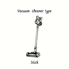 Vacuum cleaner type Stick. Ink black and white doodle drawing in woodcut style.