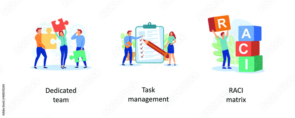 Aufkleber dedicated team, task management, raci matrix. developers team management abstract concept vector ill