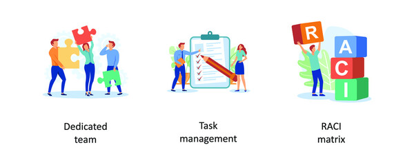 Dedicated team, task management, RACI matrix. Developers team management abstract concept vector illustration set.
