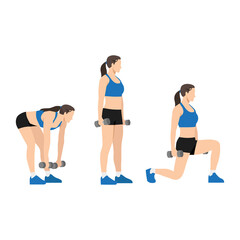 Woman doing Deadlift to lunge exercise. Flat vector illustration isolated on white background
