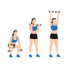Fototapeta na wymiar Woman doing Squat to curl to press exercise. Flat vector illustration isolated on white background