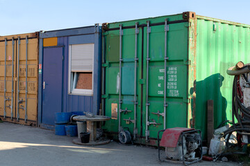 Temporary construction building. Outside view. Small office