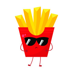 Vector illustration of french fries character with funny expression, cool with sunglasses, potato isolated on white background, simple minimal style, for mascot or emoticon collection