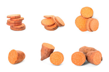 Set with cut ripe sweet potatoes on white background