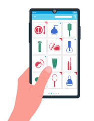 Flat vector illustration, concept of buying cosmetics in the online store, shopping. Cosmetics store products on the smartphone screen, purchase. Hand holding smartphone.View products in the app.