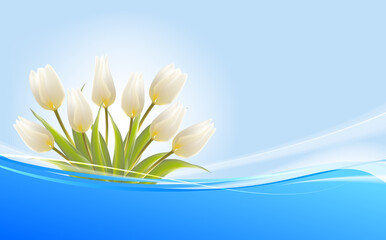 Wedding card with white tulips on a light background. Invitation card with 3d vector flowers.