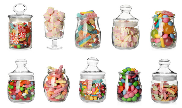 Glass jars with different candies on white background, collage