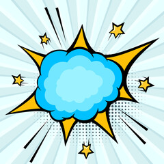 Comic cartoon explosion. Pop art design. Vector illustration on halftone background with beams