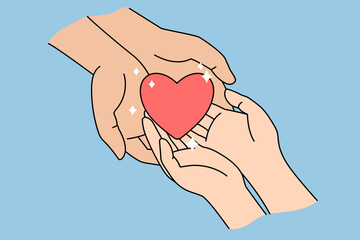 Obraz premium People hold heart in hands show love and care in relations. Human kindness and support. Volunteer demonstrate mercy and goodness. Charity, affection concept. Flat vector illustration. 