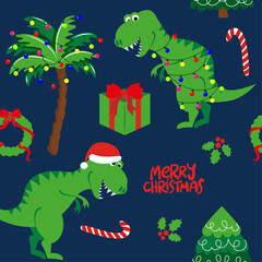 Cute christmas dinosaurs - Adorable t rex and tricerotops characters. Hand drawn doodle set for kids. Good for textiles, nursery, wallpaper, clothes. Roar words. Christmas gift wrapping paper. © Zsuzsanna
