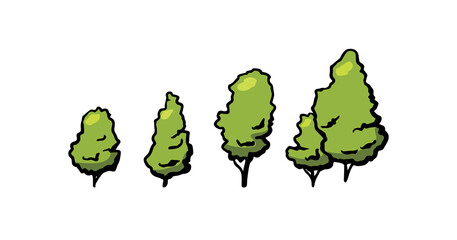 Tree vector hand drawn sketch Simple cartoon style Trees set with green leaf Illustration isolated on white background