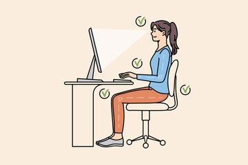 Girl sit at desk work on computer in correct position. Young woman keep right distance between eyes and posture at PC table. Ergonomic office job concept. Vector illustration, cartoon character.  - obrazy, fototapety, plakaty