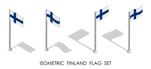 isometric flag of FINLAND in static position and in motion on flagpole. 3d vector