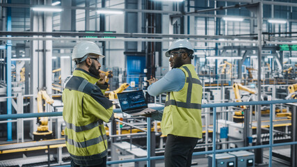 Two Car Factory Specialists in High Visibility Vests Using Laptop Computer. Engineers Discussing Automotive Industrial Manufacturing Facility Process of Vehicle Production. Automated Assembly Plant.