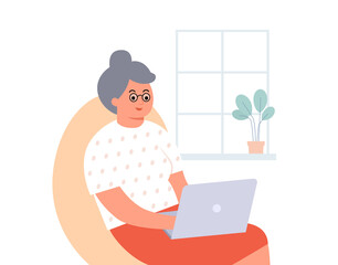 Fototapeta na wymiar Grandmother with computer. Senior woman with glasses looking at laptop sitting in armchair Vector isolated illustration