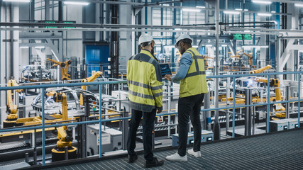 Two Car Factory Specialists in High Visibility Vests Using Laptop Computer. Engineers Discussing...