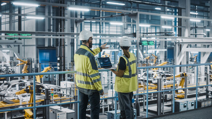 Male Specialist and Female Car Factory Engineer in High Visibility Vests Using Laptop Computer....