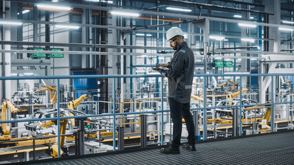 Car Factory Engineer in Work Uniform Using Laptop Computer. Automotive Industrial Manufacturing...