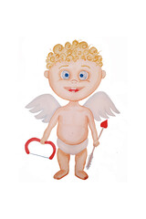 Watercolor illustration for Valentine's Day, cute cupid with arrow and bow, hand drawing element, isolated on white background. Curly cute boy angel love symbol. Postcard, background, logo, wedding