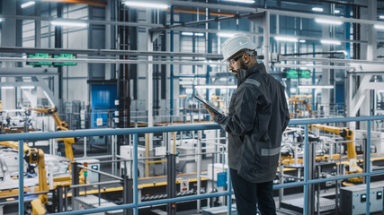 Car Factory Engineer in Work Uniform Using Tablet Computer. Automotive Industrial Manufacturing Facility Working on Vehicle Production with Robotic Arms Technology. Automated Assembly Plant.
