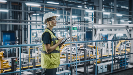 Female Car Factory Engineer in High Visibility Vest Using Laptop Computer. Automotive Industrial Manufacturing Facility Working on Vehicle Production with Robotic Arms. Automated Assembly Plant.