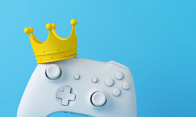 Video game king. Game controller wearing a crown. Winning gamer concept. 3D Rendering