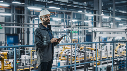 Fototapeta premium Car Factory Engineer in Work Uniform Using Tablet Computer. Automotive Industry 4.0 Manufacturing Facility Working on Vehicle Production with Robotic Arms Technology. Automated Assembly Plant.