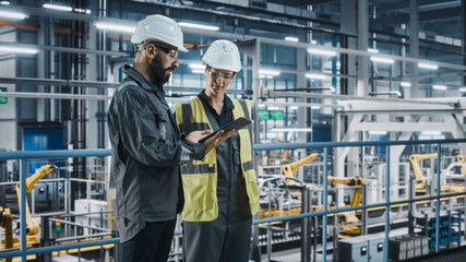 Male Specialist and Female Car Factory Engineer in High Visibility Vests Using Tablet Computer. Automotive Industrial Manufacturing Facility Working on Vehicle Production. Diversity on Assembly Plant.