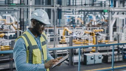 Naklejka na ściany i meble Happy African American Car Factory Engineer in High Visibility Vest Using Tablet Computer. Automotive Industrial Facility Working on Vehicle Production on Automated Technology Assembly Plant.