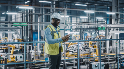 Happy African American Car Factory Engineer in High Visibility Vest Using Tablet Computer. Automotive Industrial Facility Working on Vehicle Production on Automated Technology Assembly Plant.