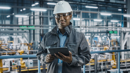 Portrait of Automotive Industry Engineer in Safety Uniform Using Tablet at Car Factory Facility....