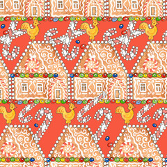 Fototapeta na wymiar Seamless pattern of gingerbread houses, sweets and Christmas lollipops