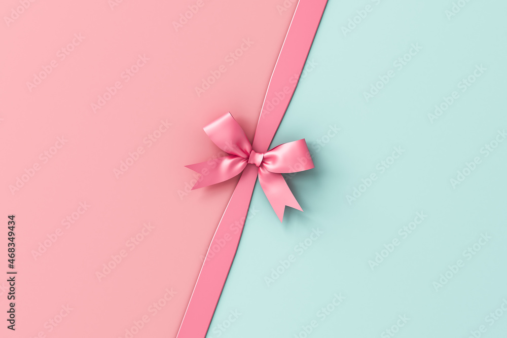 Aufkleber Pink and green pastel color background with pink ribbon bow minimal conceptual 3D rendering