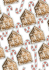 Seamless pattern of gingerbread houses and sweets