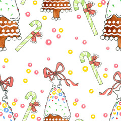 Seamless pattern with Christmas gingerbread and sweets