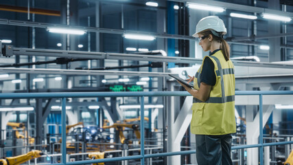 Female Car Factory Engineer in High Visibility Vest Using Tablet Computer. Automotive Industrial Manufacturing Facility Working on Vehicle Production with Robotic Technology. Automated Assembly Plant.