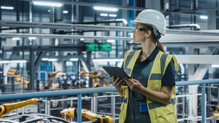 Female Car Factory Engineer in High Visibility Vest Using Tablet Computer. Automotive Industrial...