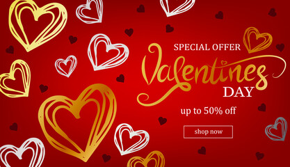 Happy Valentines day sale banner. Trendy design with typography and hearts. Modern luxury style. Horizontal poster, banner, header for website