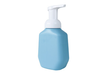 Blue plastic bottle with soap on an isolated white background.
