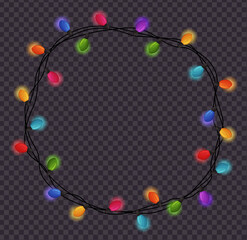 Christmas lights  frame. Glowing lights banner. Colorful christmas garlands background. Red, yellow, green, plum, blue Christmas lights. Happy new year decor string lights. Cartoon lights backdrop.