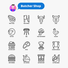 Butcher shop thin line icons set: meat steak, beef, pork, mutton, BBQ, chicken, burger, cutting board, meat knives. Modern vector illustration.
