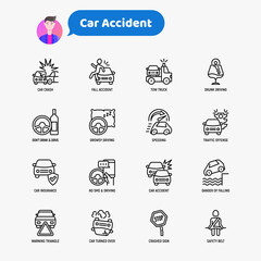 Car accident thin line icons set: crashed cars, tow truck, drunk driving, safety belt, traffic offense, car insurance, falling in water, warning triangle. Modern vector illustration.