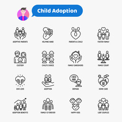 Child adoption thin line icons set: adoptive parents, helping hand, orphan, home care, LGBT couple with child, custody, caregivers, happy kid. Modern vector illustration.